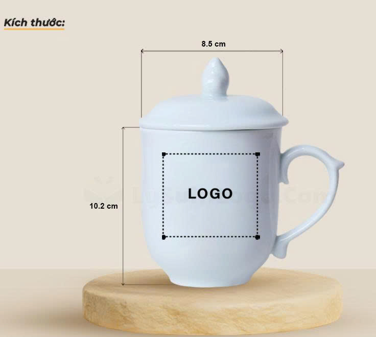 Ly sứ nắp lửa trắng in logo