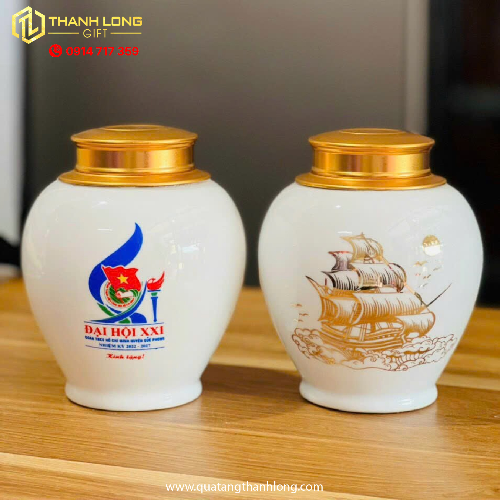 Lọ Chè Sứ Thuận Buồm Xuôi Gió in Logo