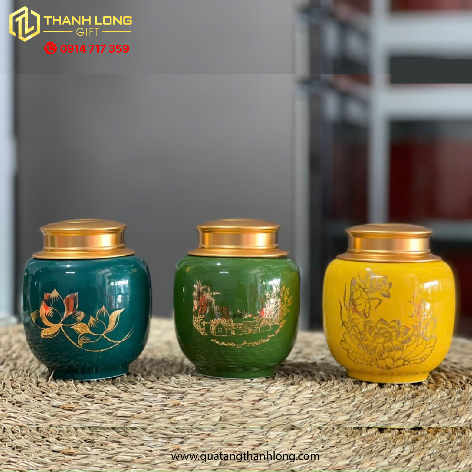 Lọ Chè Sứ  Họa Tiết Hoa Sen