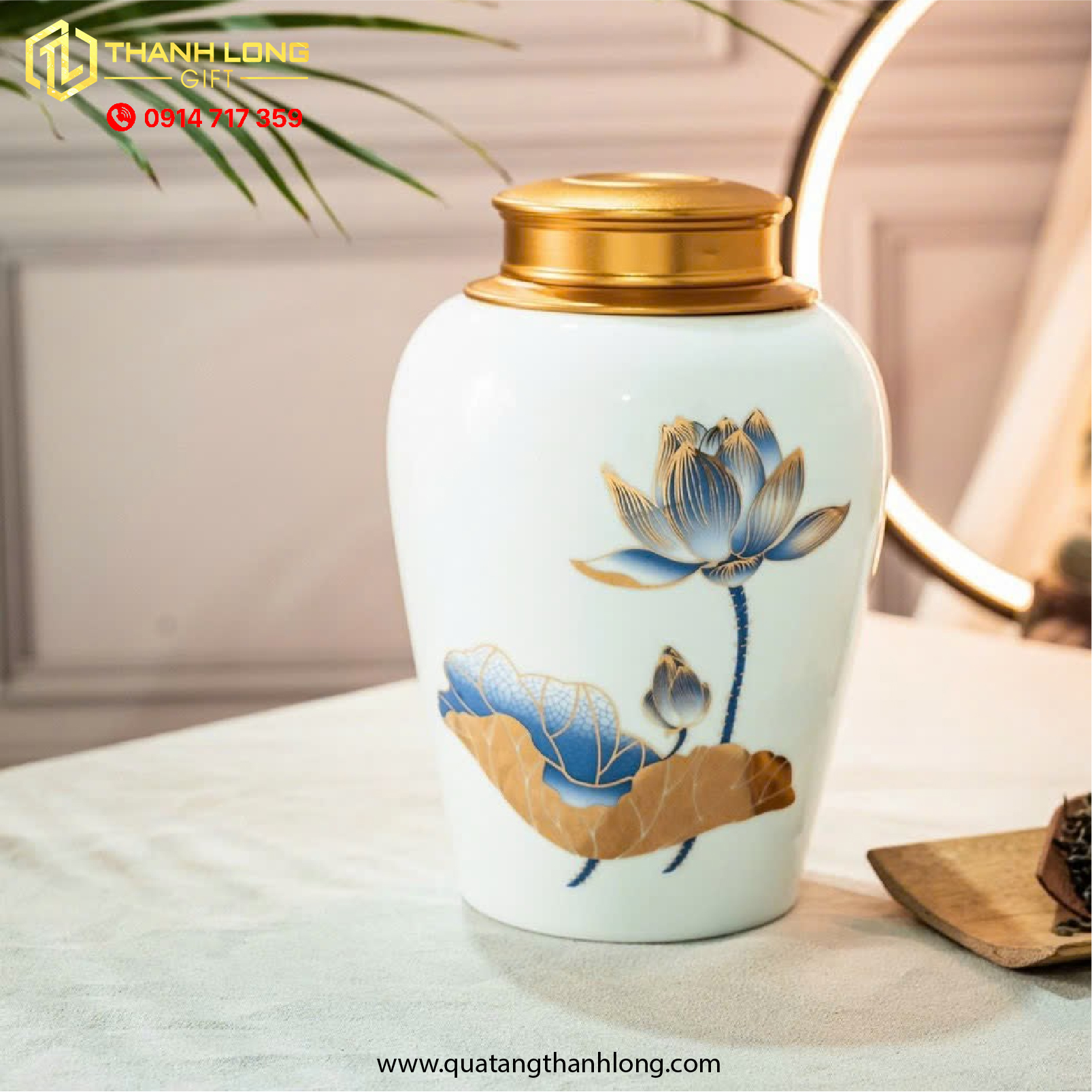 Lọ Chè Sứ vàng in họa tiết sen in logo theo yêu cầu