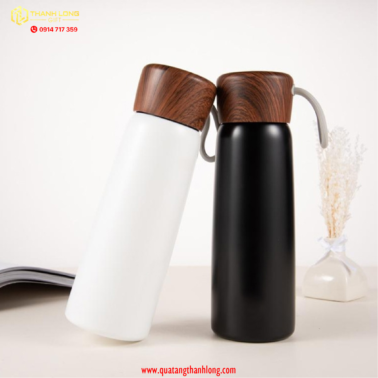 Bình giữ nhiệt nắp gỗ in logo