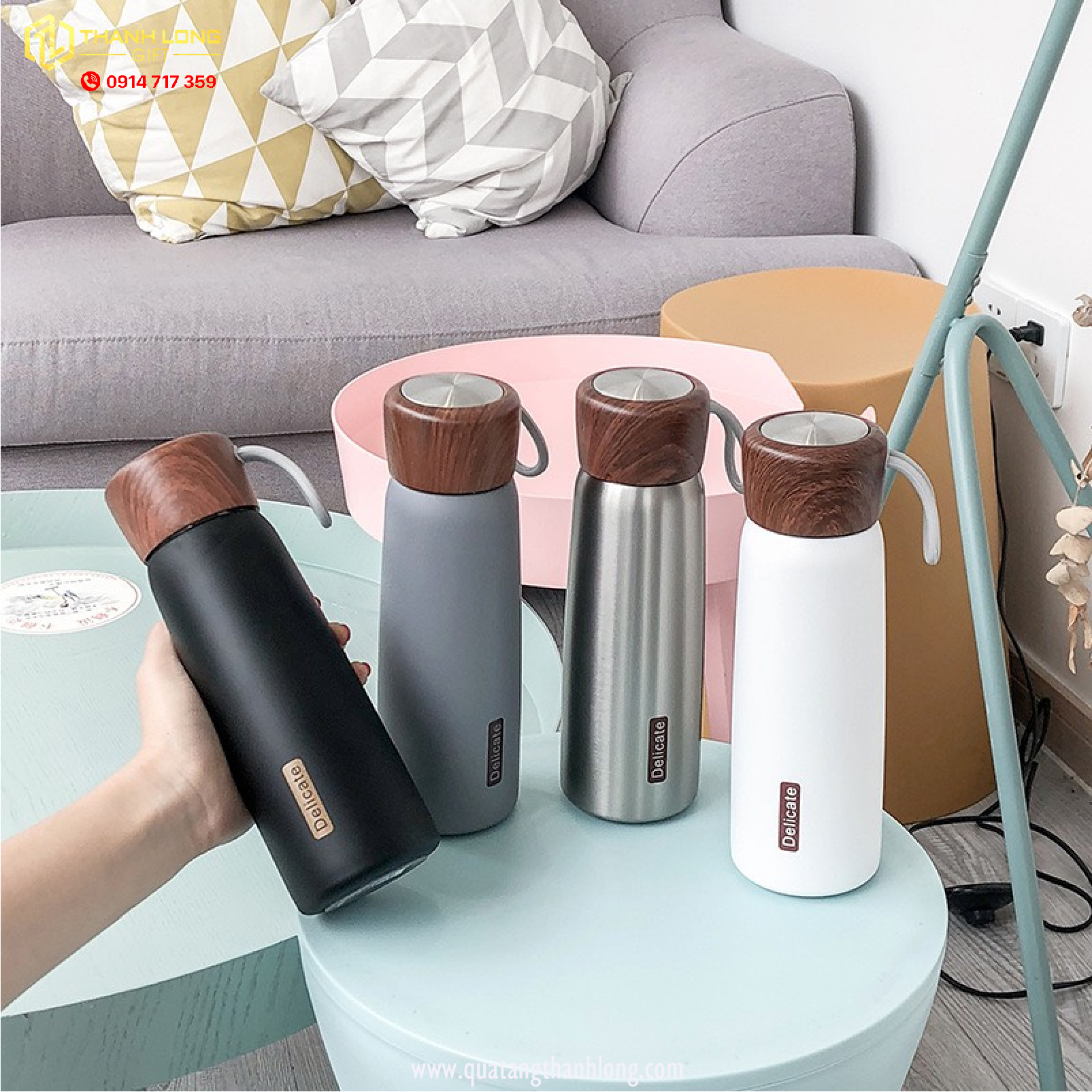 Bình giữ nhiệt nắp gỗ in logo