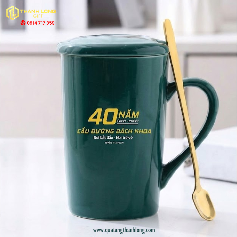 Ly sứ xanh ngọc + thìa kim loại, hộp thiết kế theo yêu cầu