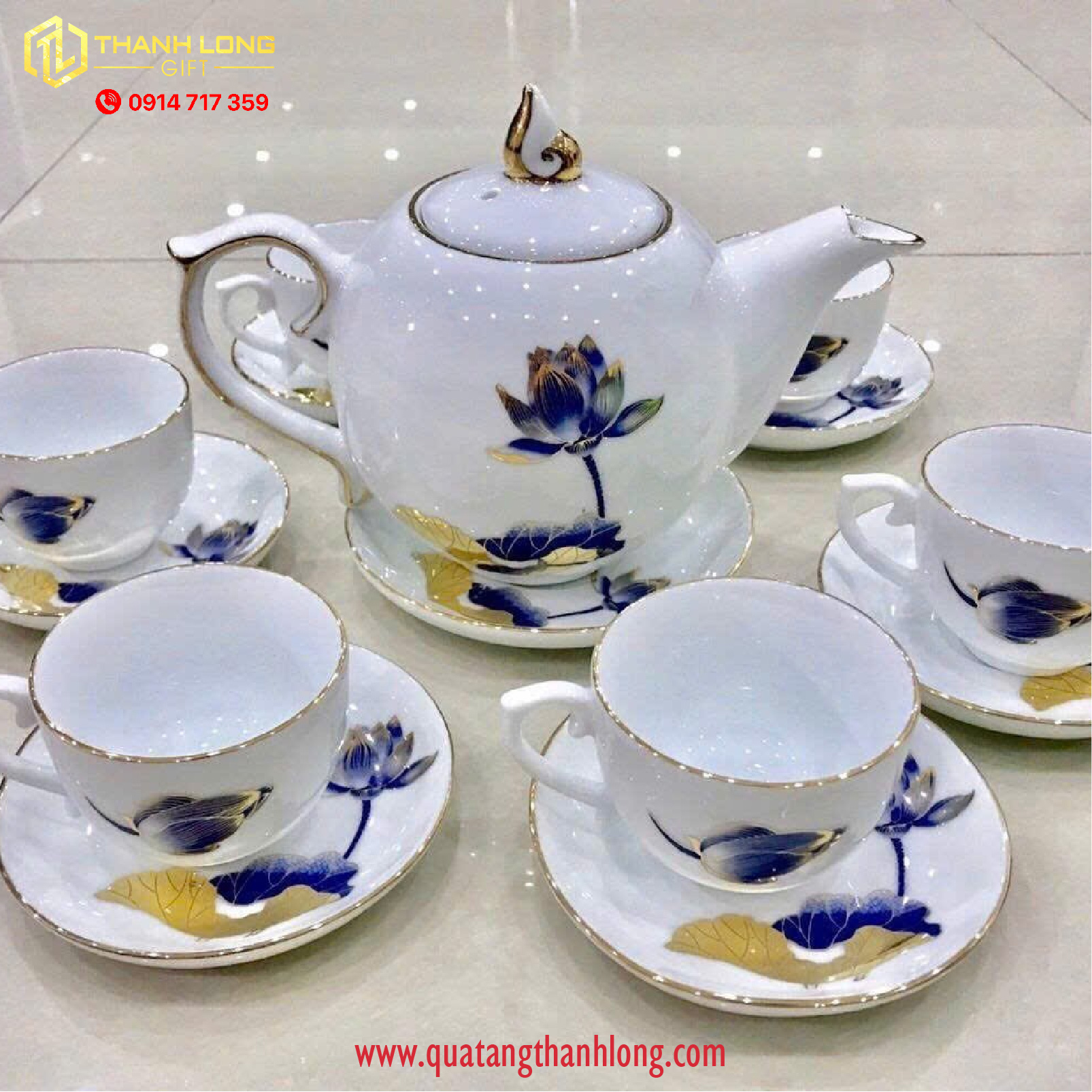 Bộ ấm chén sứ hoa văn Hoa Sen vàng