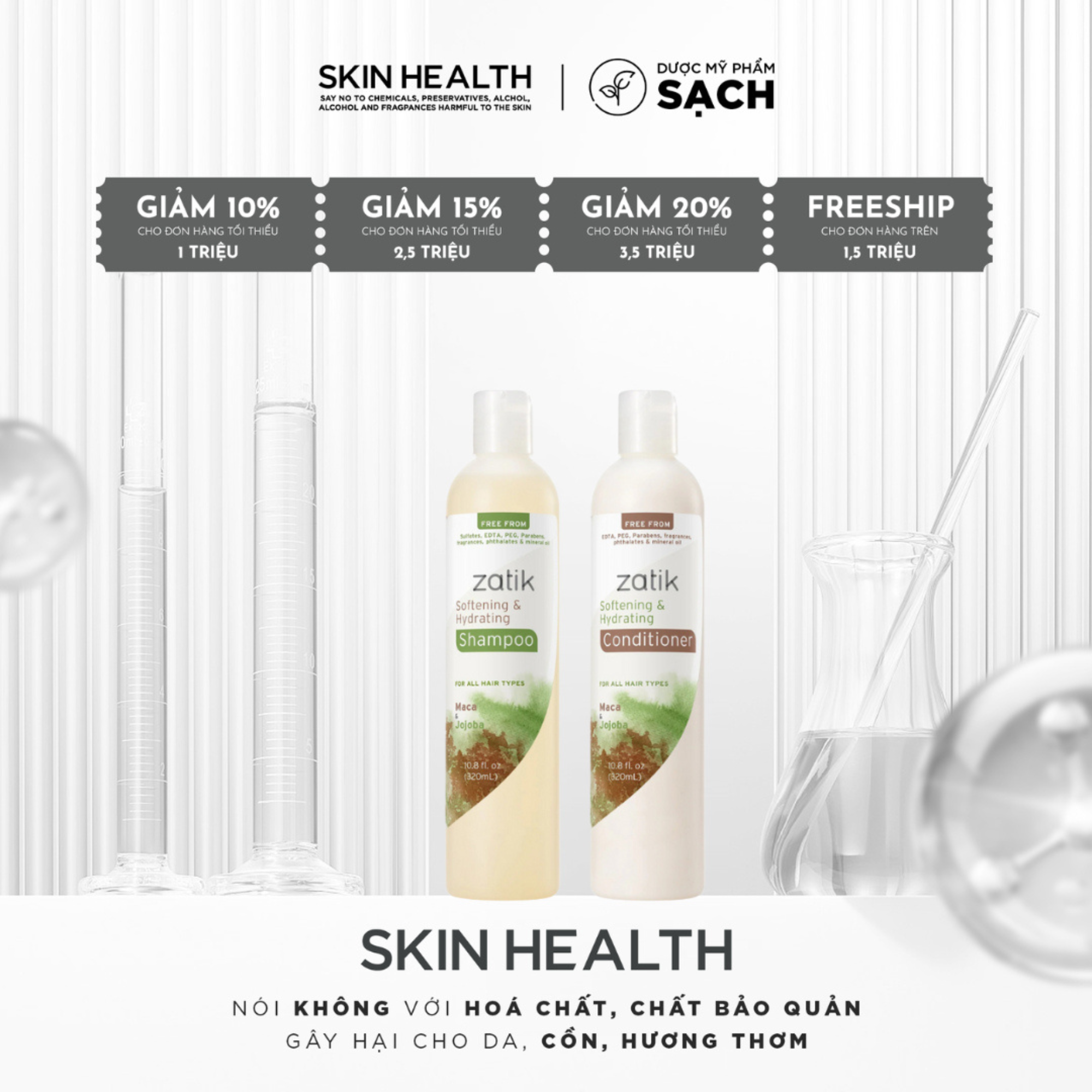 ZATIK SOFTENING & HYDRATING SHAMPOO & CONDITIONER/ BỘ GỘI XẢ GIÚP TÓC SUÔN MƯỢT- BỒNG BỀNH (THUẦN CHAY)