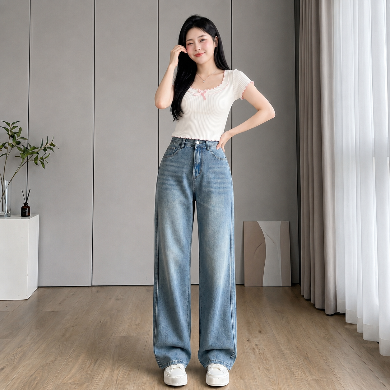 SUÔNG ỐNG RỘNG NHẠT PHỦ DƠ SỌC CẠNH 0139