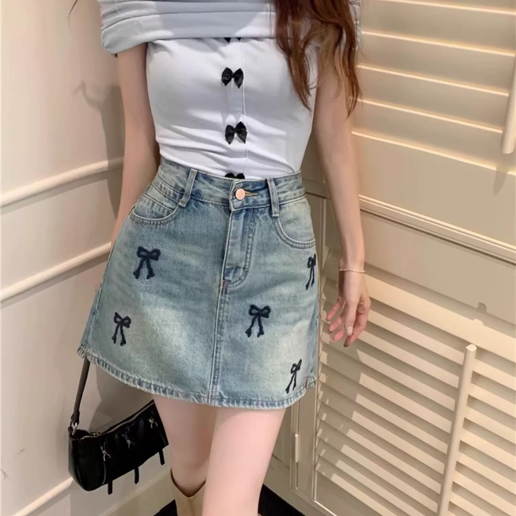 QUẦN VÁY THÊU NƠ ĐEN 0121 KO CO DÃN