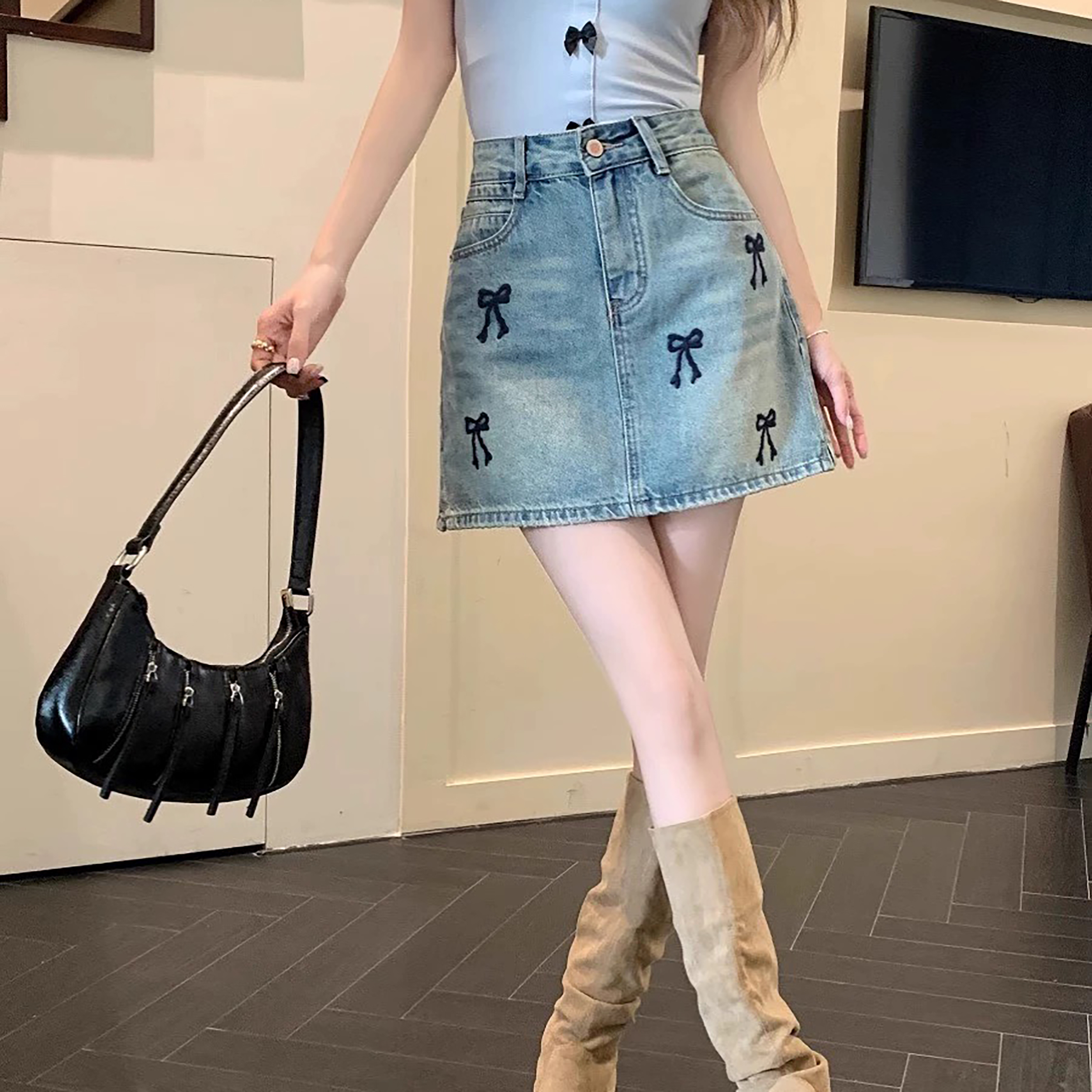 QUẦN VÁY THÊU NƠ ĐEN 0121 KO CO DÃN