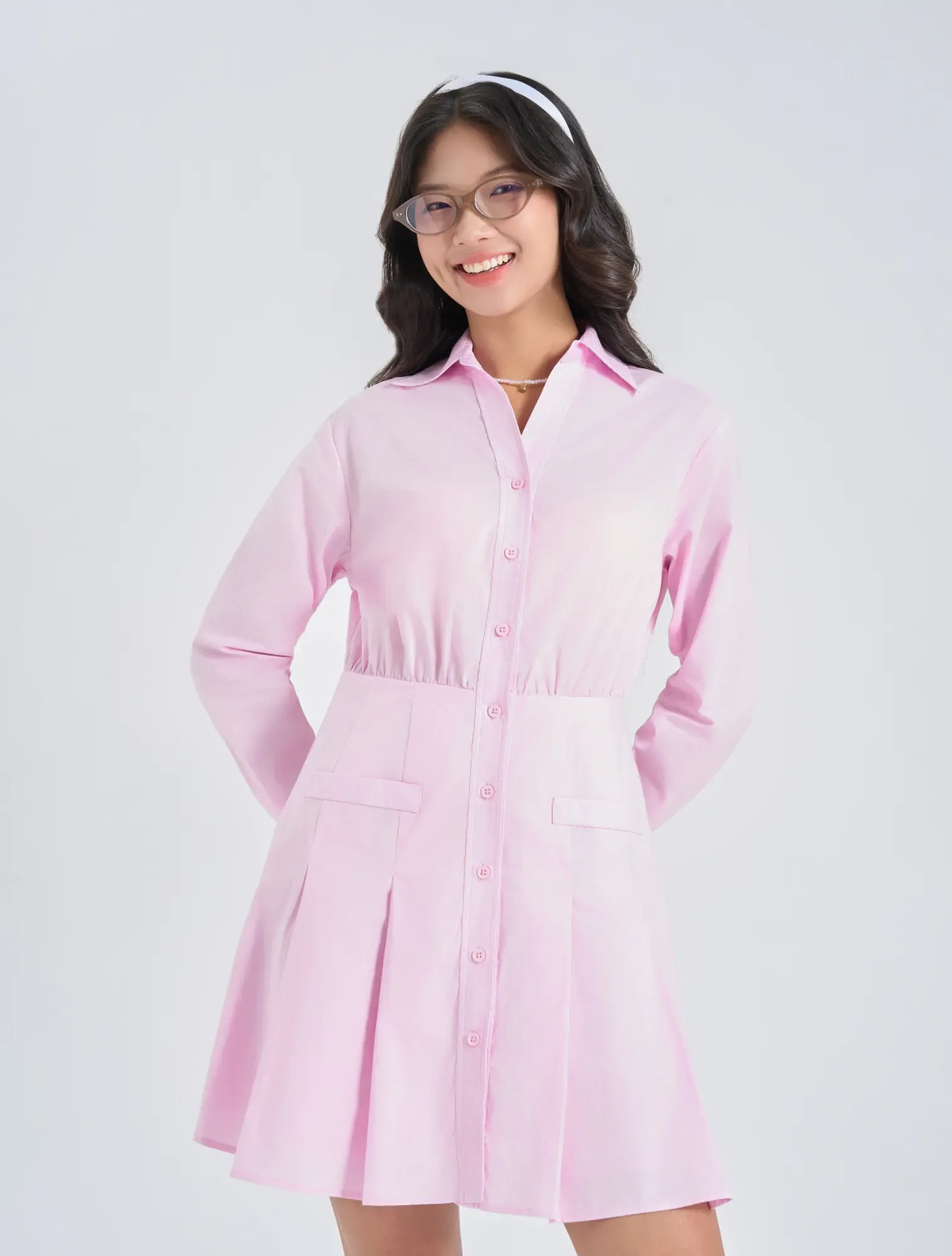 Đầm Liền Nữ Dáng A Cổ Sơ Mi Dài Tay Xếp Ly