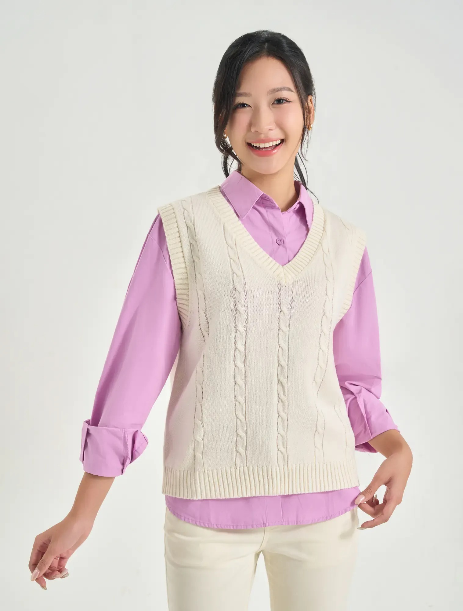 Áo Len Gilet Nữ Cổ Tim Dệt Thừng