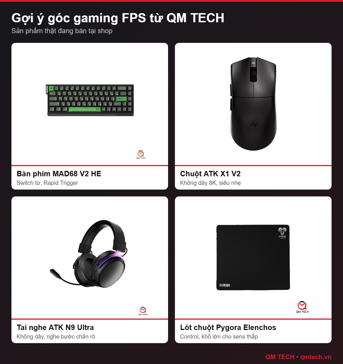 Gợi ý góc gaming FPS: bàn phím MAD68 V2 HE, chuột ATK X1 V2, tai nghe ATK N9 Ultra, lót chuột Pygora