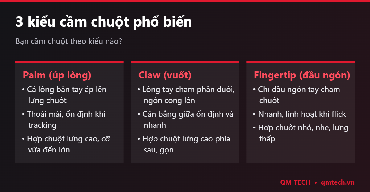3 kiểu cầm chuột palm, claw, fingertip