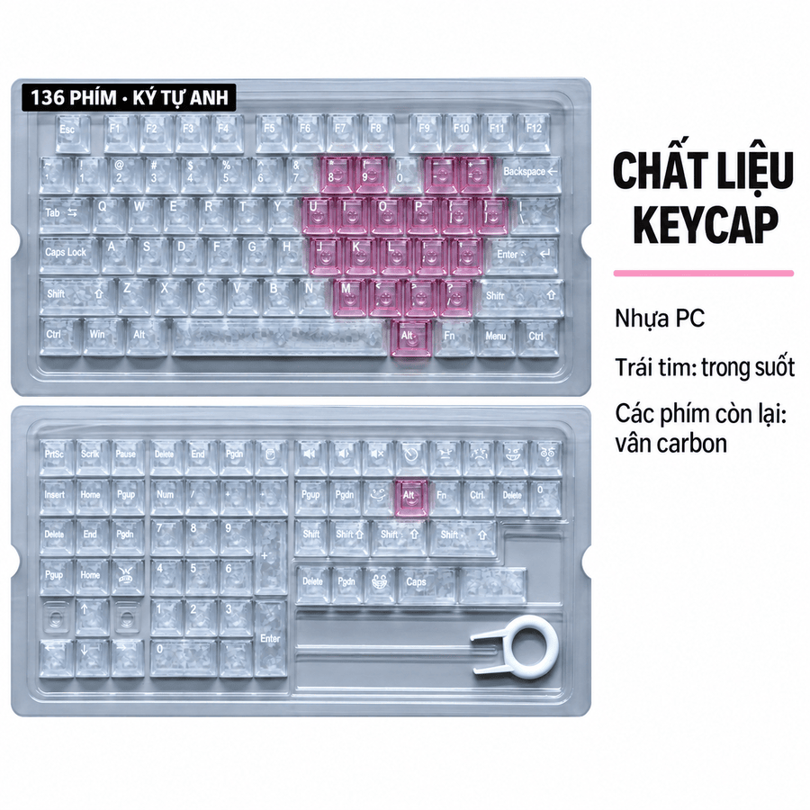 Keycap vân Carbon trắng phối phím trái tim