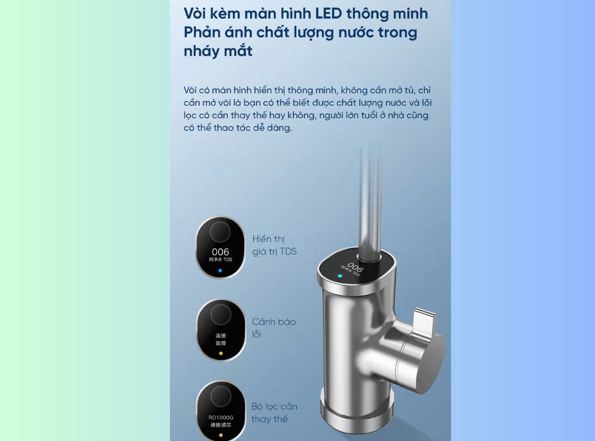 trên vòi nước có đèn cảnh báo khi lõi lọc cần thay thế