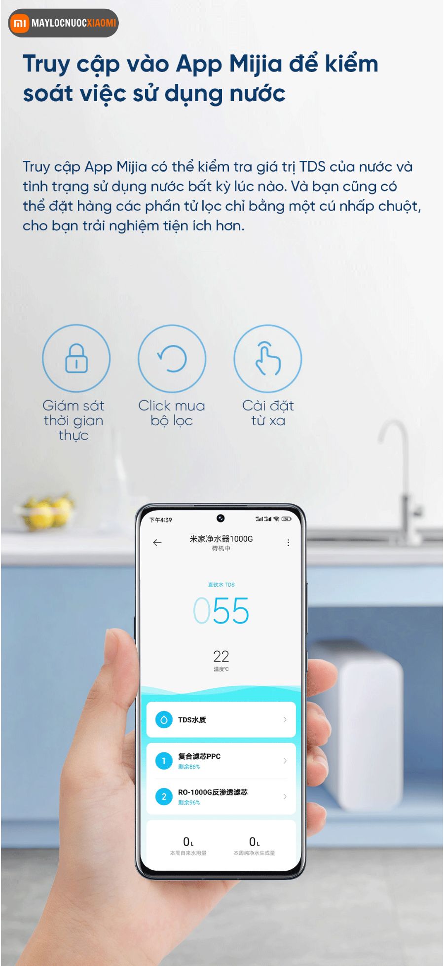 máy lọc nước xiaomi 1000G có kết nối app mihome hiện thị các thông số