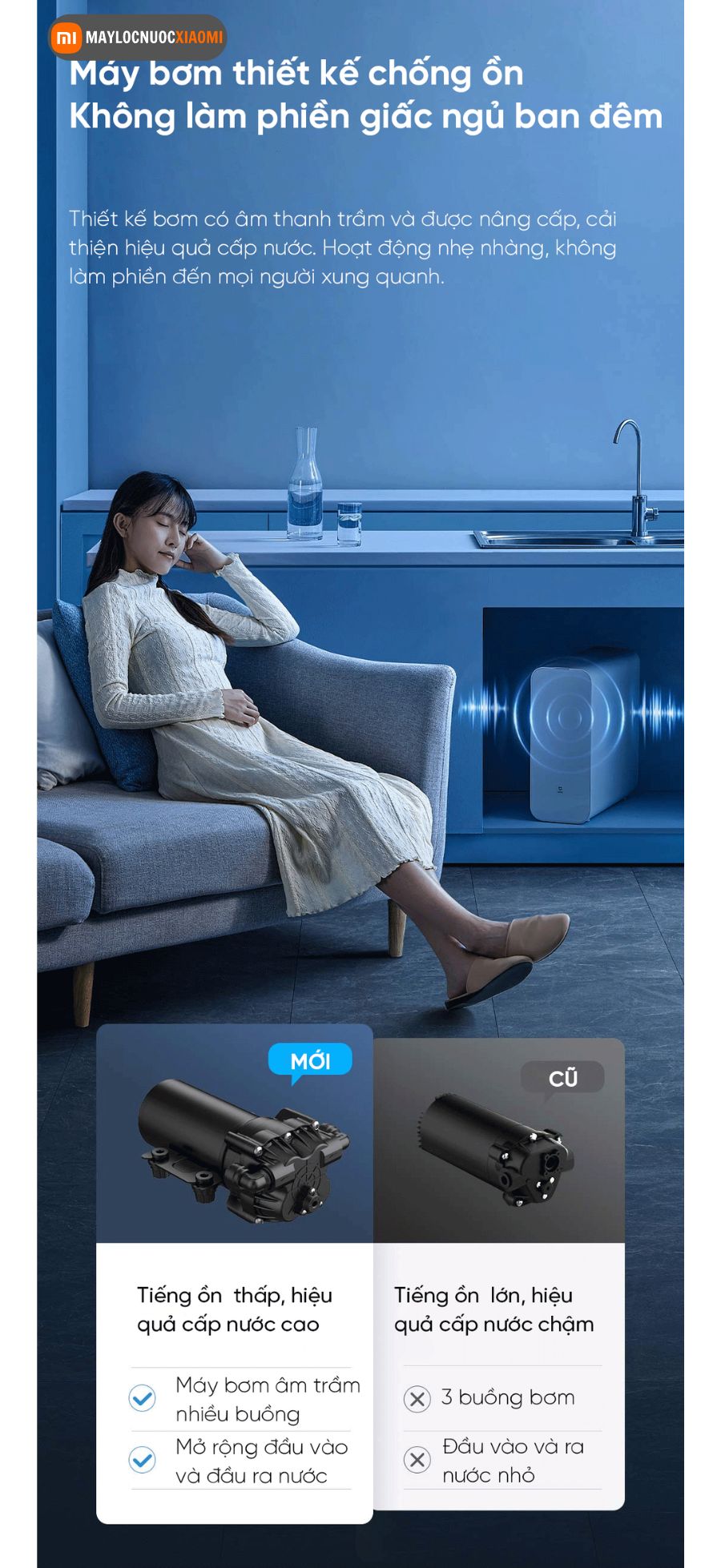bơm nước của máy lọc nước xiaomi 1000G chạy êm ai, không ảnh hưởng đến giấc ngủ