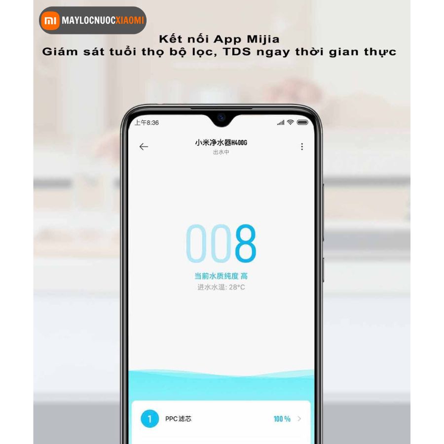 máy lọc nước xiaomi H400G có thể kết nối app mihome để thông báo các thông số máy