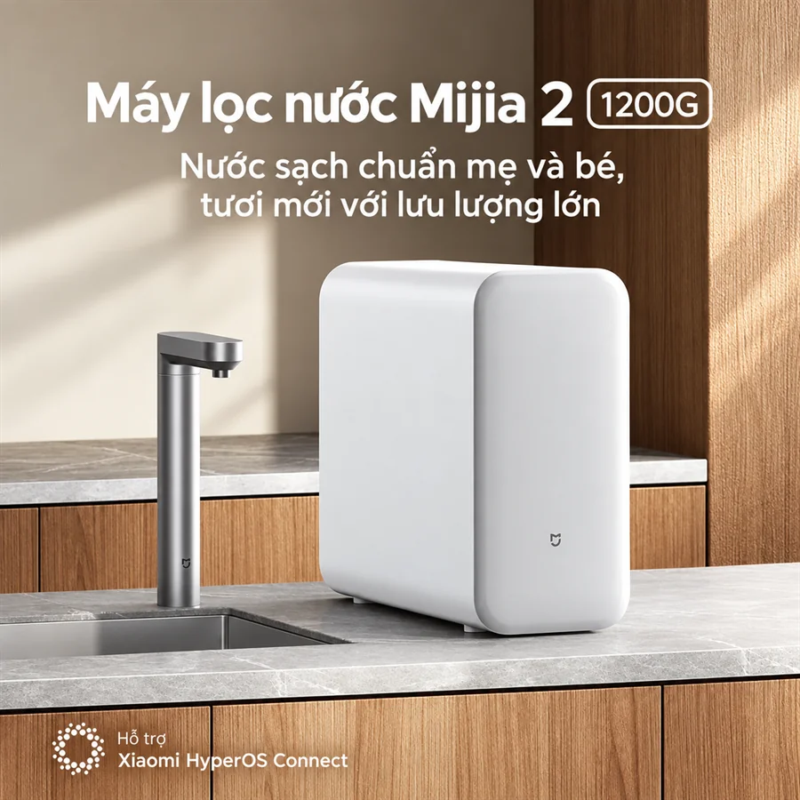 Máy lọc nước Xiaomi Mijia 2 1200G màu trắng cùng vòi nước trong không gian bếp