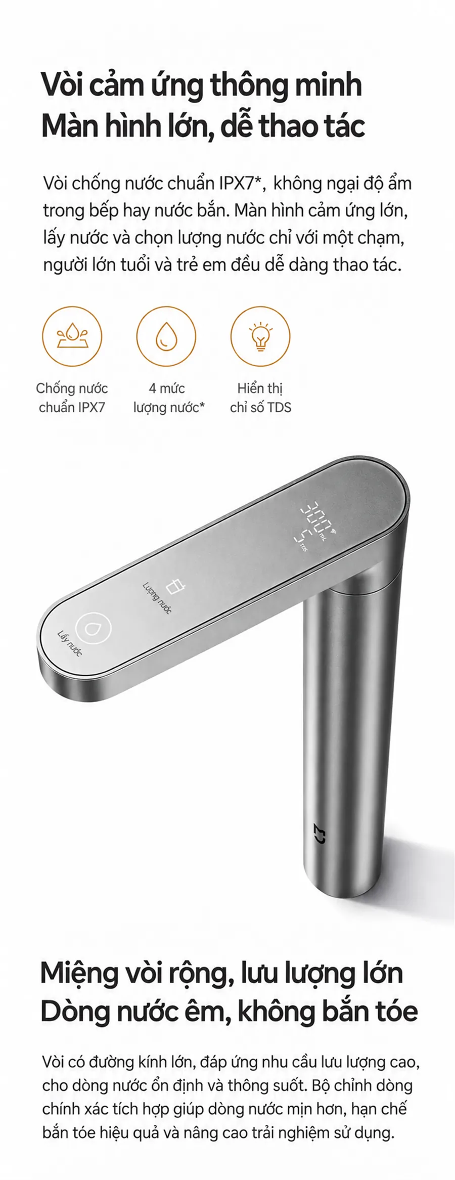 Vòi cảm ứng Xiaomi Mijia 2 1200G hiển thị TDS và chọn lượng nước