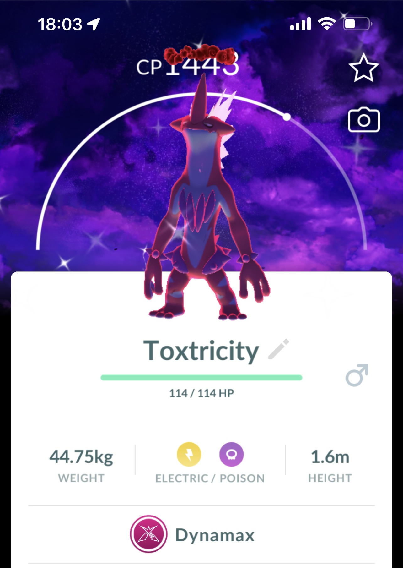 Shiny Dynamax Toxtricity with Dark Skies background