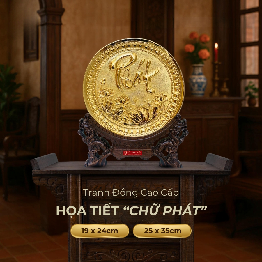 Tranh Đĩa Đồng Chữ Phát , Mạ Vàng 24K - Đồ Đồng Cao Cấp - Cửu Diệu Thiên