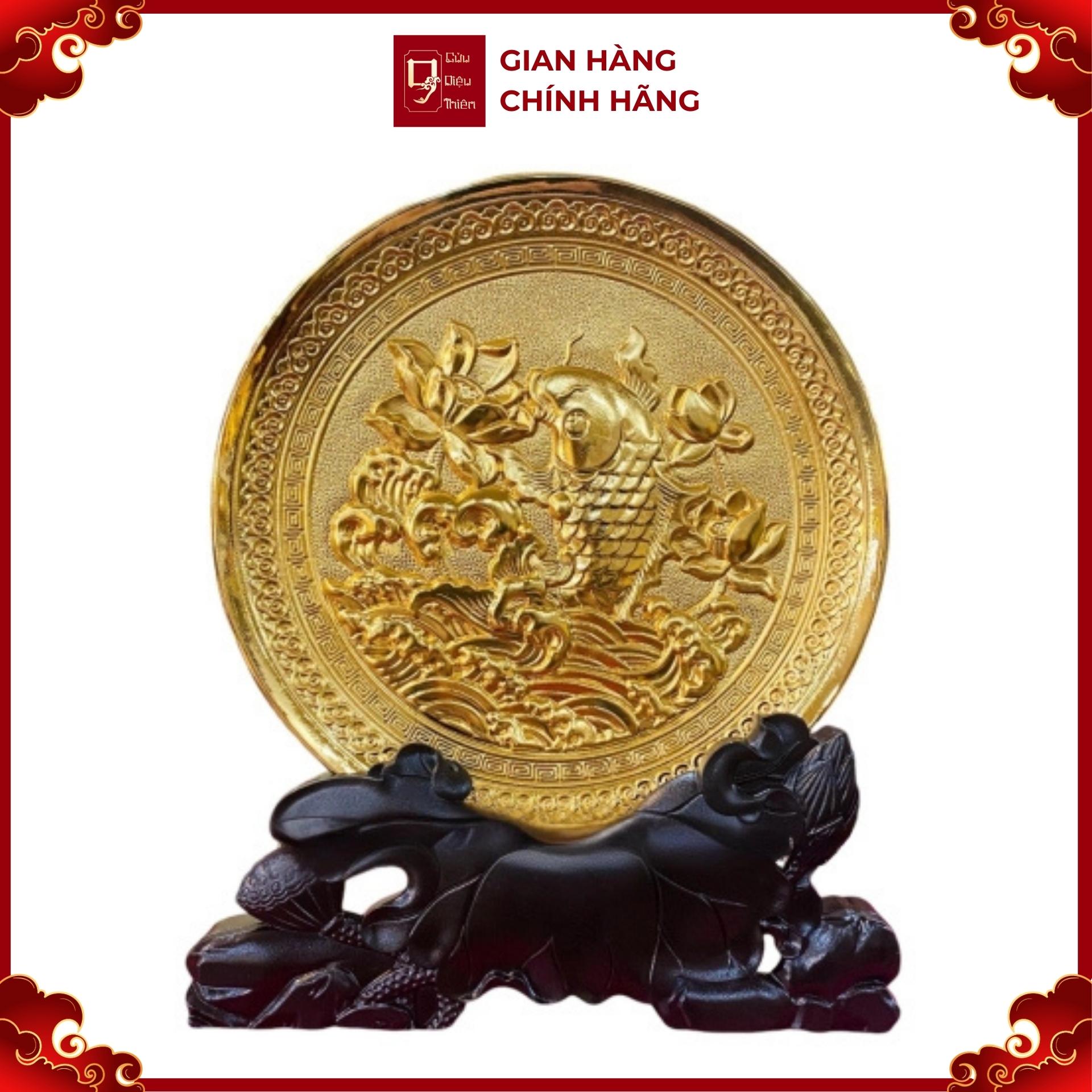 Tranh Đồng Đĩa Cá Chép Hoa Sen , Mạ Vàng 24K ( Đường Kính 19cm ) - Cửu Diệu Thiên - CH004