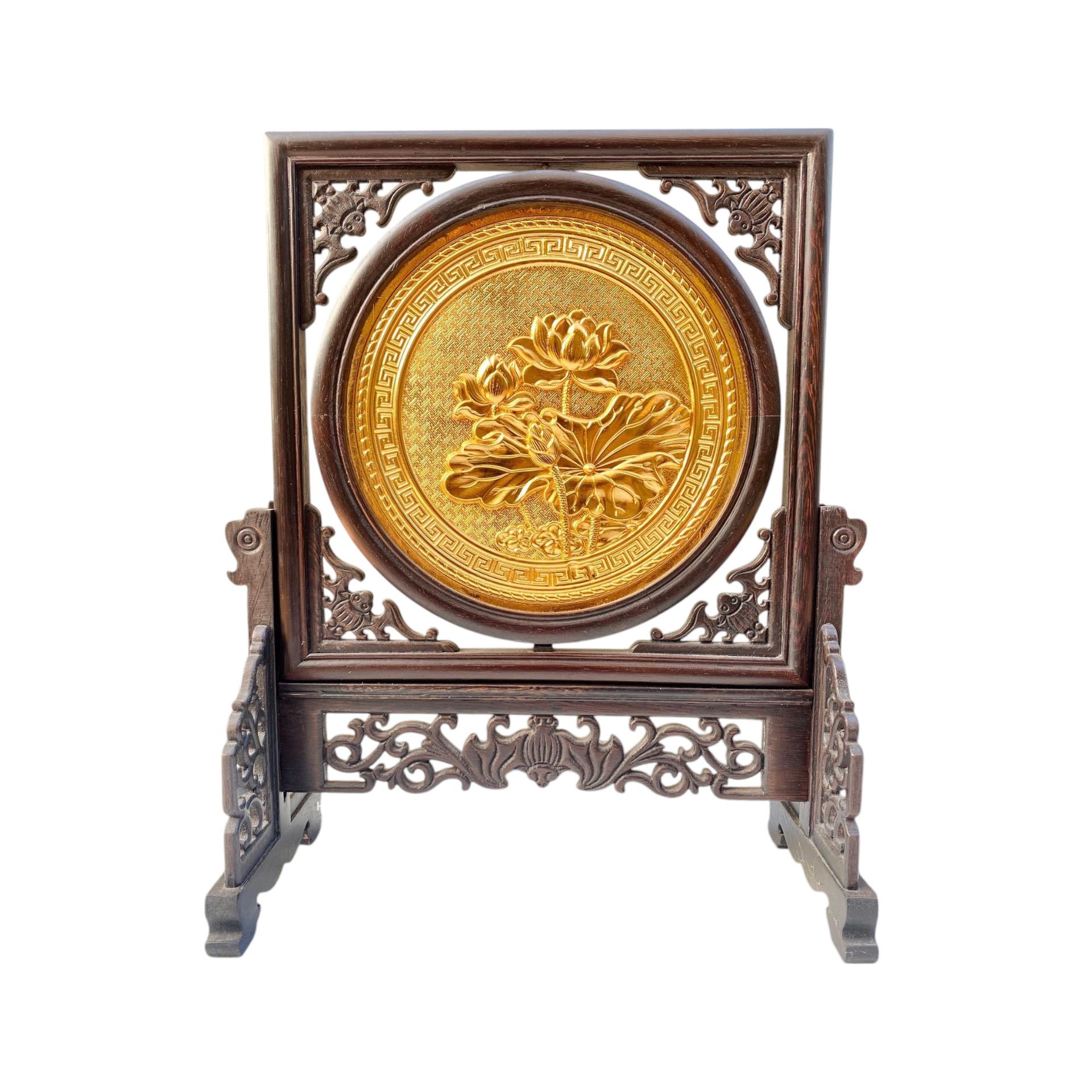 Tranh Đĩa Đồng Hoa Sen 2 Mặt , Mạ Vàng 24K ( 44x35cm ) - Cửu Diệu Thiên - SD005