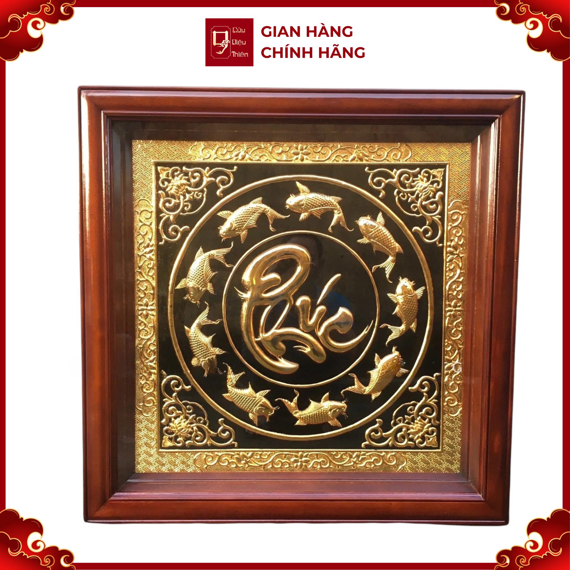Tranh Đồng Cửu Ngư Chầu Chữ Phúc , Dát Vàng ( 68x68cm ) - Cửu Diệu Thiên - CP011