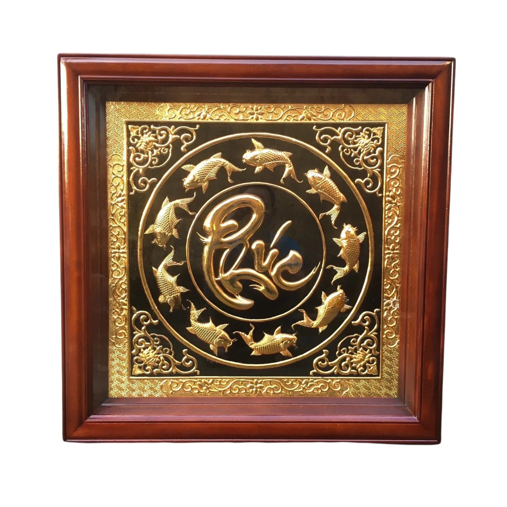 Tranh Đồng Cửu Ngư Chầu Chữ Phúc , Dát Vàng ( 68x68cm ) - Cửu Diệu Thiên - CP011