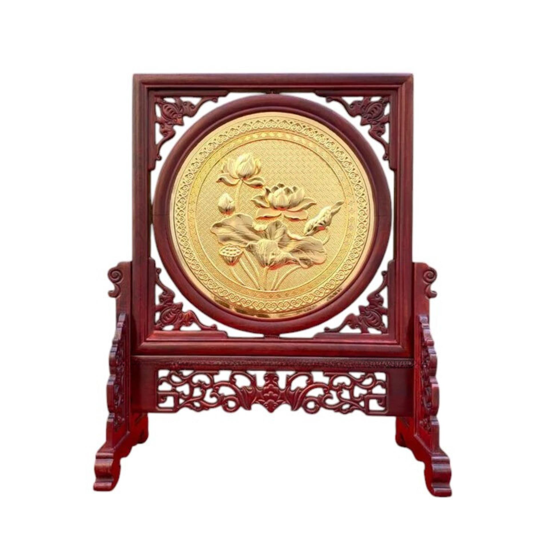 Tranh Đĩa Đồng Hoa Sen 2 Mặt , Mạ Vàng 24K , Khung Gỗ Cẩm ( 35x29cm ) - Cửu Diệu Thiên - SD006