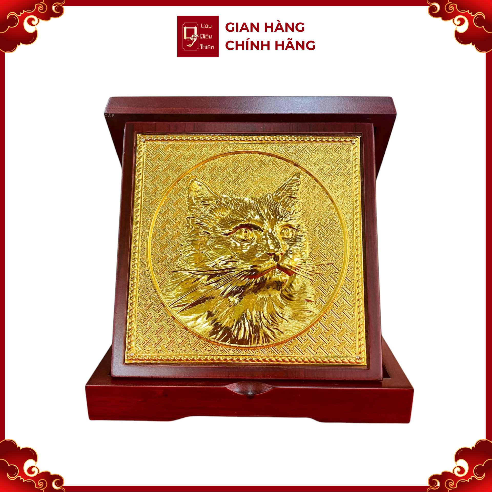 Tranh Đồng Mèo - Linh Vật Năm Quý Mão , Mạ Vàng 24K ( Đường Kính 16,5cm ) - Cửu Diệu Thiên - QM012