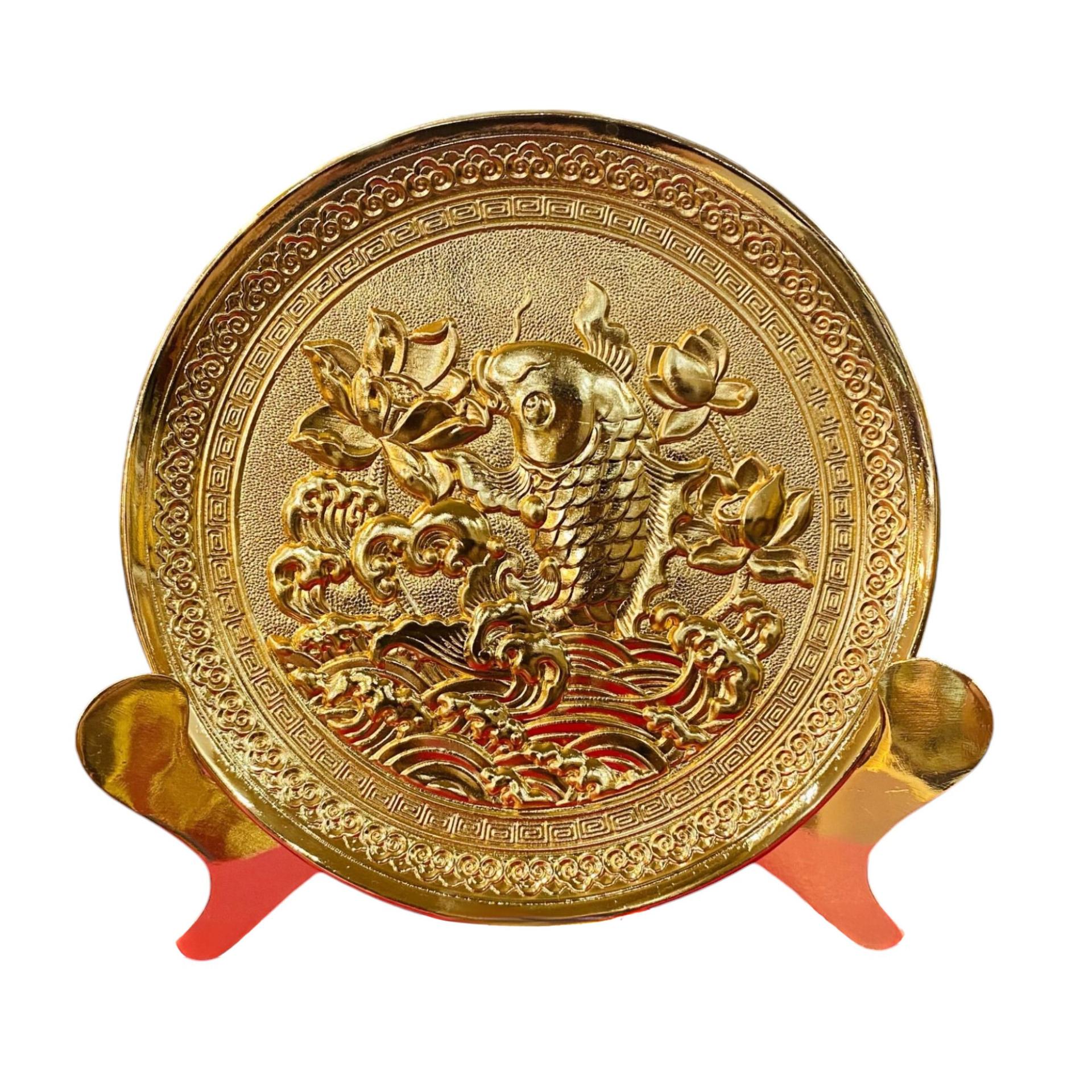 Tranh Đĩa Cá Chép Hoa Sen Bằng Đồng Mạ Vàng 24K ( Đường Kính 19cm ) - Cửu Diệu Thiên - CH001