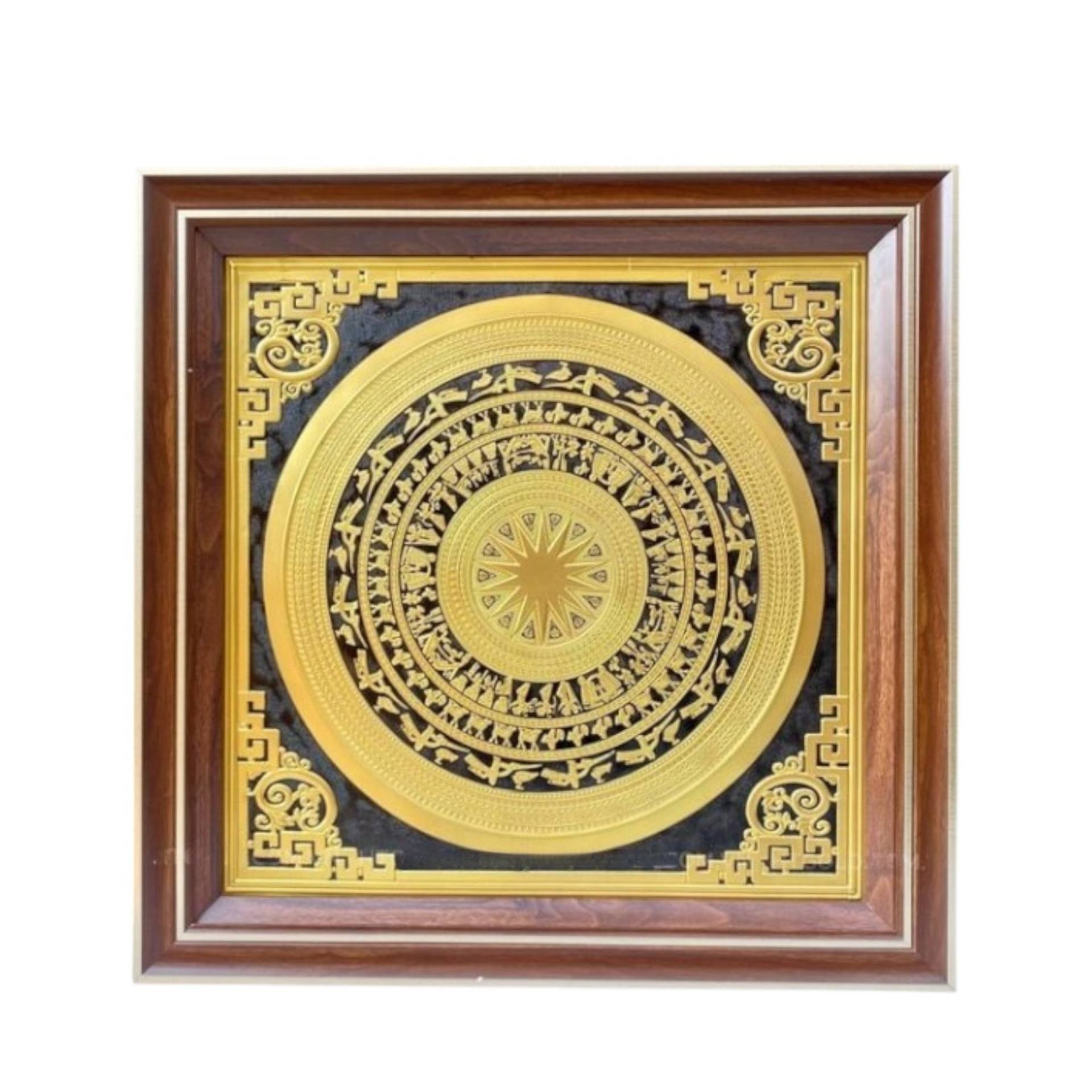 Tranh Đồng Mặt Trống Đồng , Mạ Vàng 24K - Khung Gỗ Gụ ( 75x75cm ) - Cửu Diệu Thiên - ĐT020