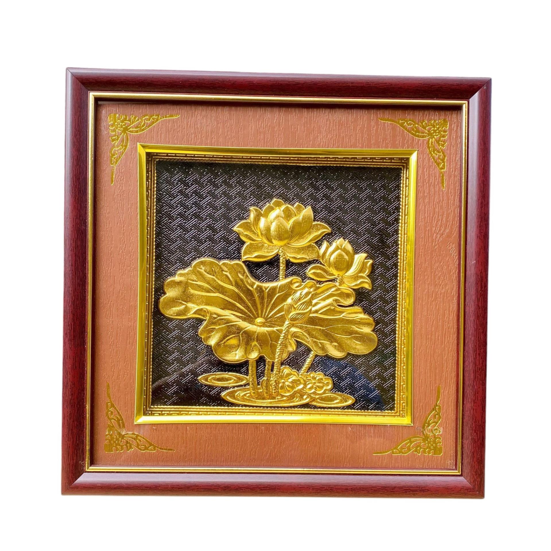 Tranh Đồng Hoa Sen , Dát Vàng ( 26x26cm ) - Cửu Diệu Thiên - SH045