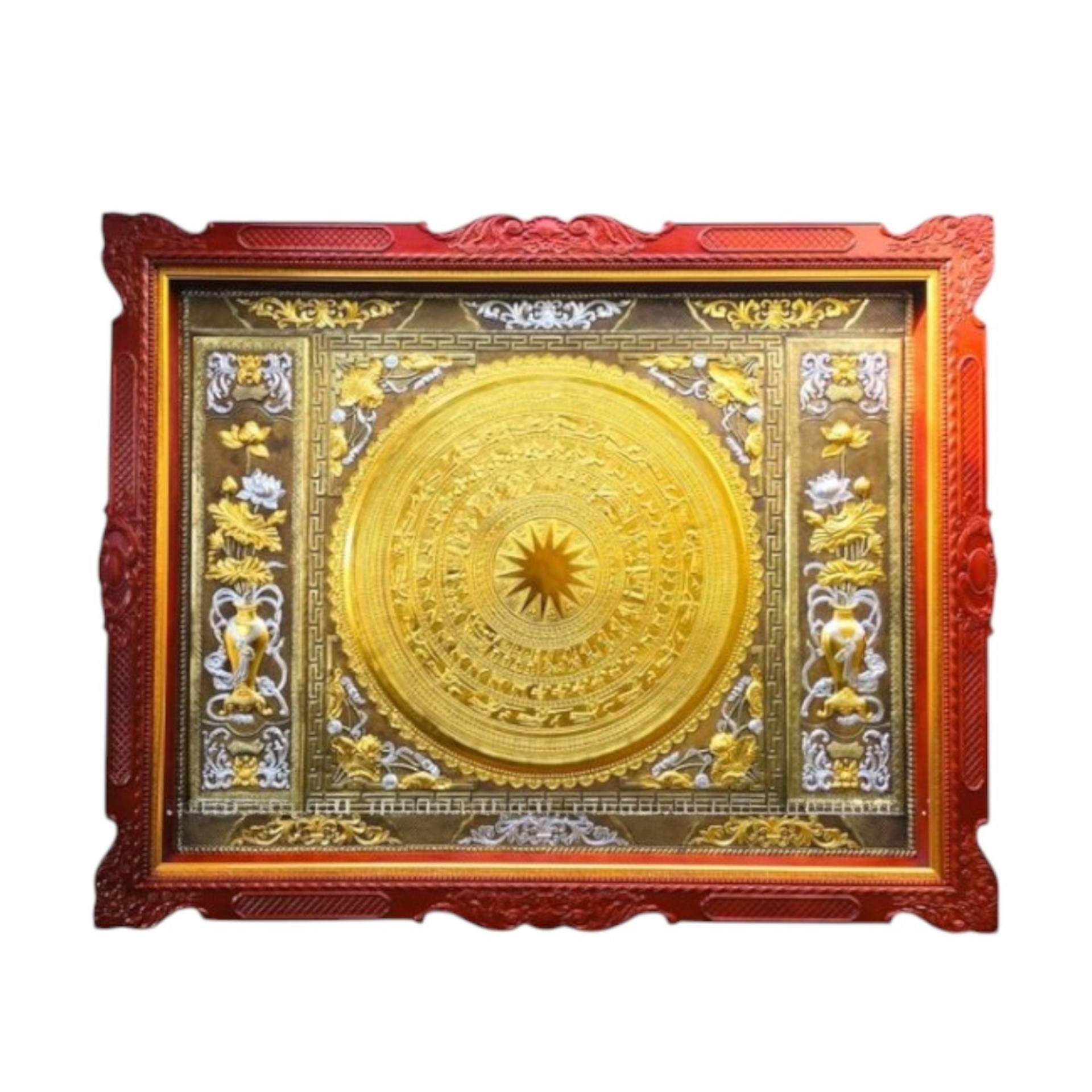 Tranh Đồng Mặt Trống Đồng , Đôi Lọ Lục Bình , Khung Gỗ Gụ - Thiếp Vàng Bạc ( 1m74x2m17 ) - Cửu Diệu Thiên - ĐT021