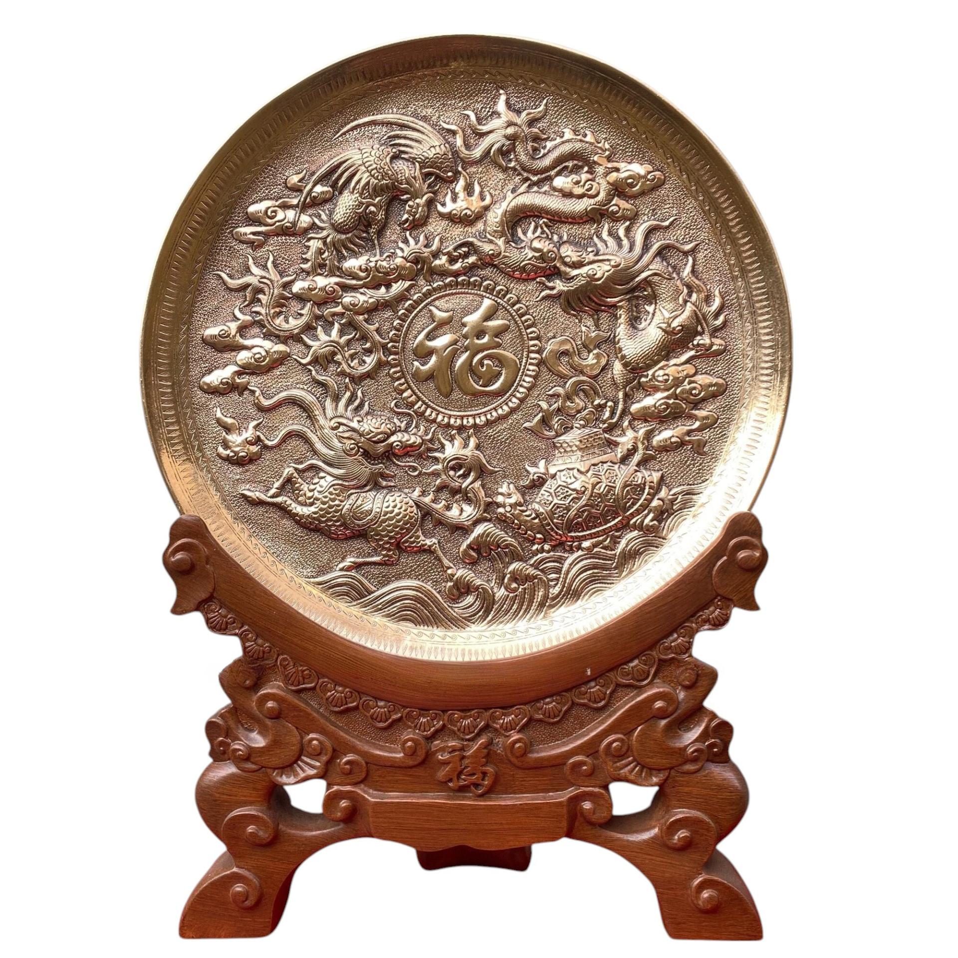 Tranh Đĩa Đồng Tứ Linh Chầu Phúc ( 35x41cm ) - Cửu Diệu Thiên - TD021