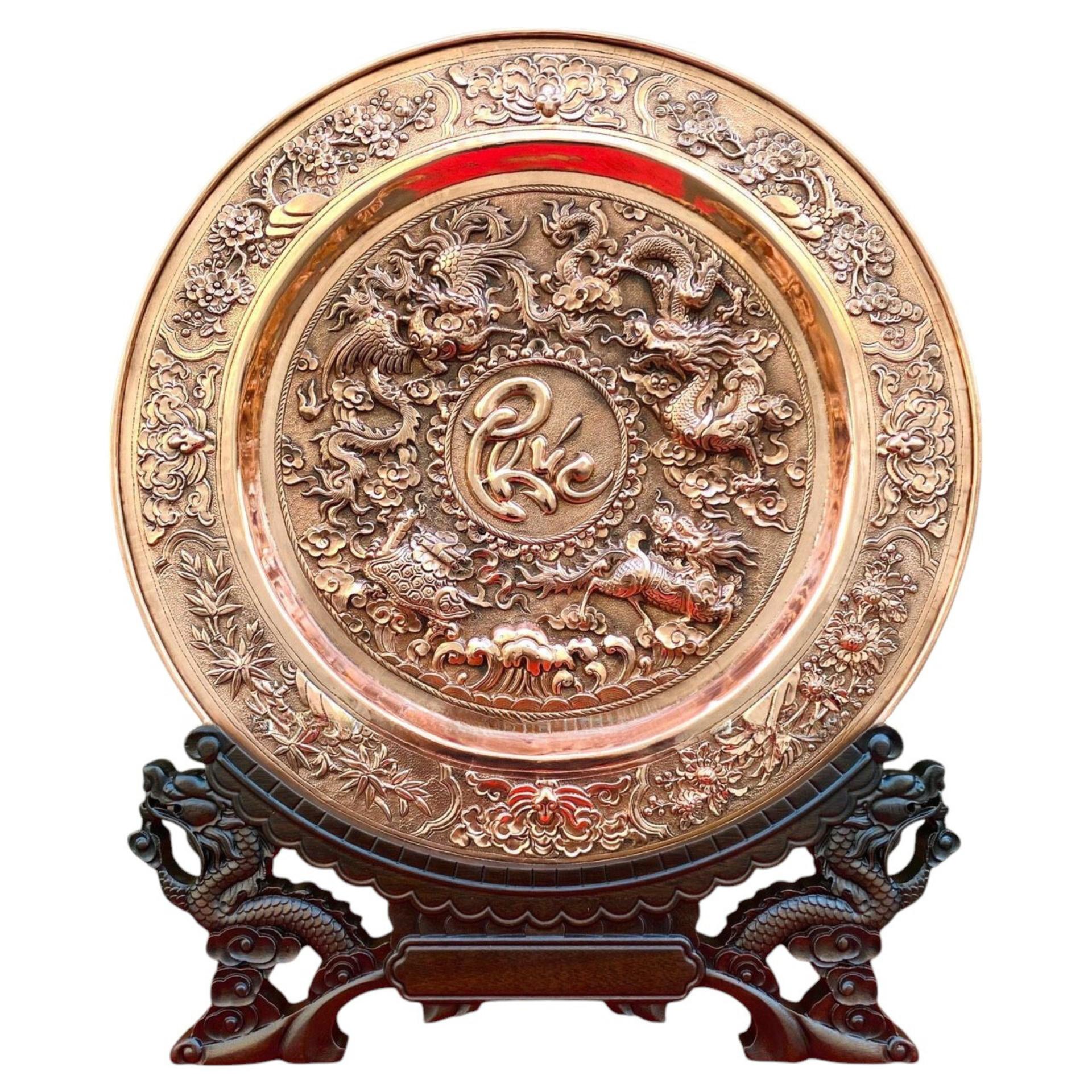 Tranh Đĩa Đồng Tứ Linh Chầu Phúc ( 35x41cm ) - Cửu Diệu Thiên - TD020
