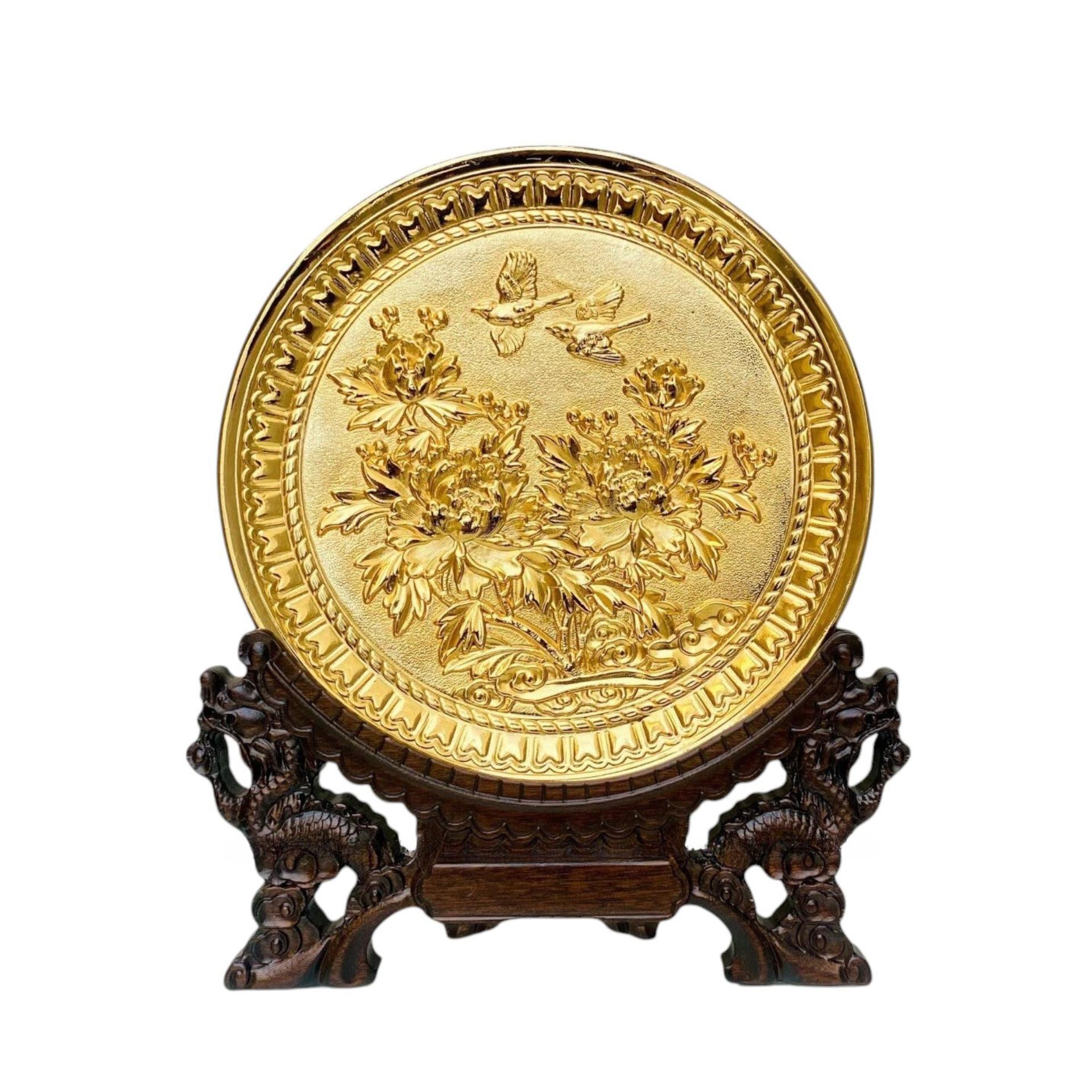 Tranh Đĩa Đồng Hoa Mẫu Đơn , Mạ Vàng 24K ( Đường Kính 20cm ) - Cửu Diệu Thiên - HV002