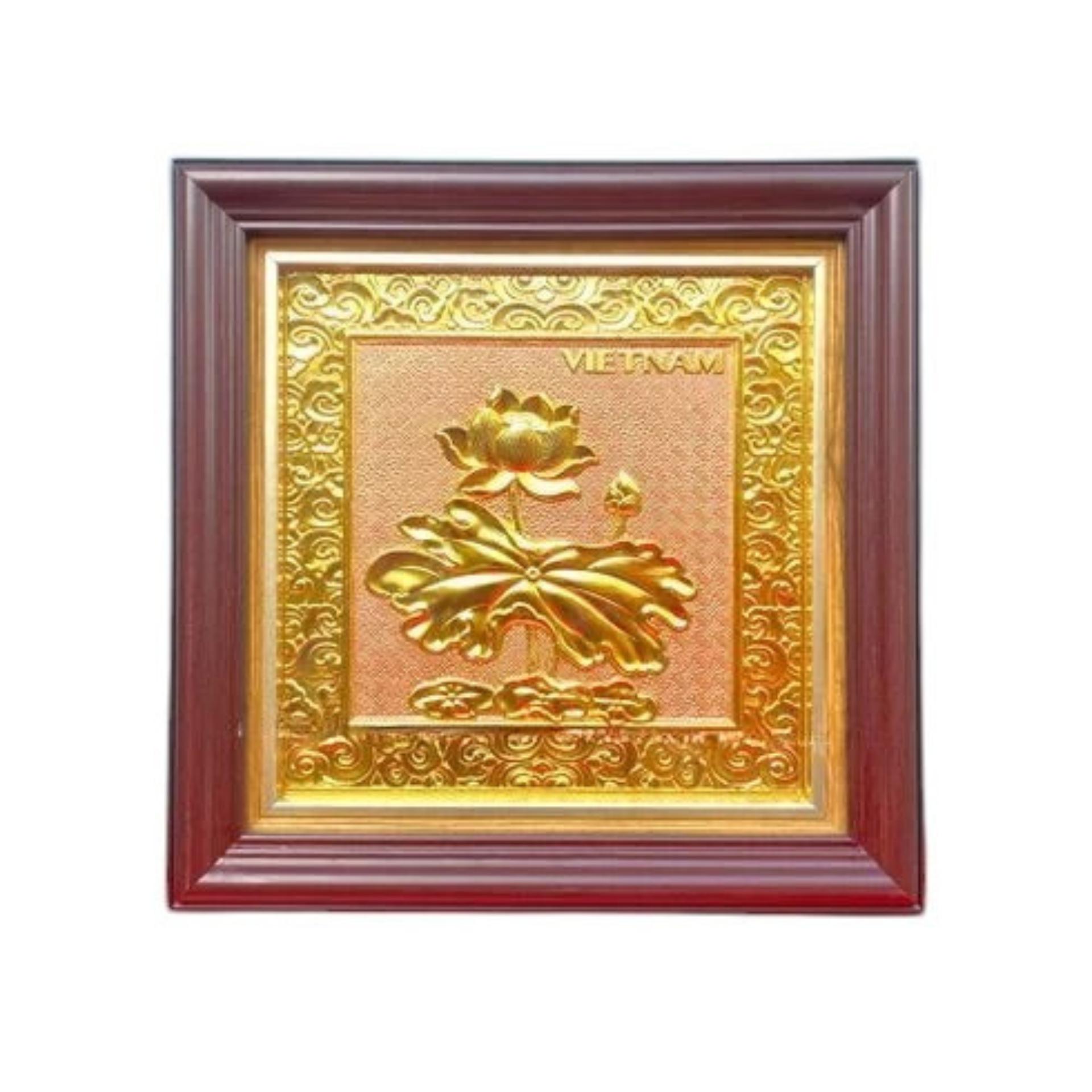 Tranh Đồng Hoa Sen , Mạ Vàng 24K ( 26x26cm ) - Cửu Diệu Thiên - SH043