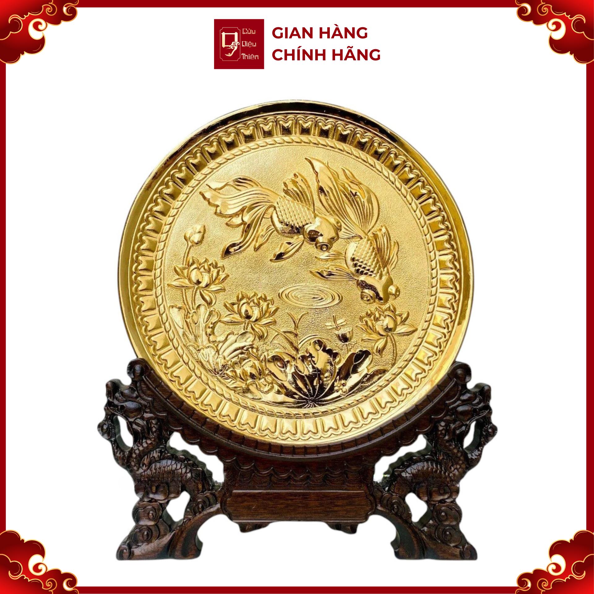 Tranh Đĩa Đồng Song Ngư Cát Hạnh , Mạ Vàng 24K ( Đường Kính 19cm ) - Cửu Diệu Thiên - HV003