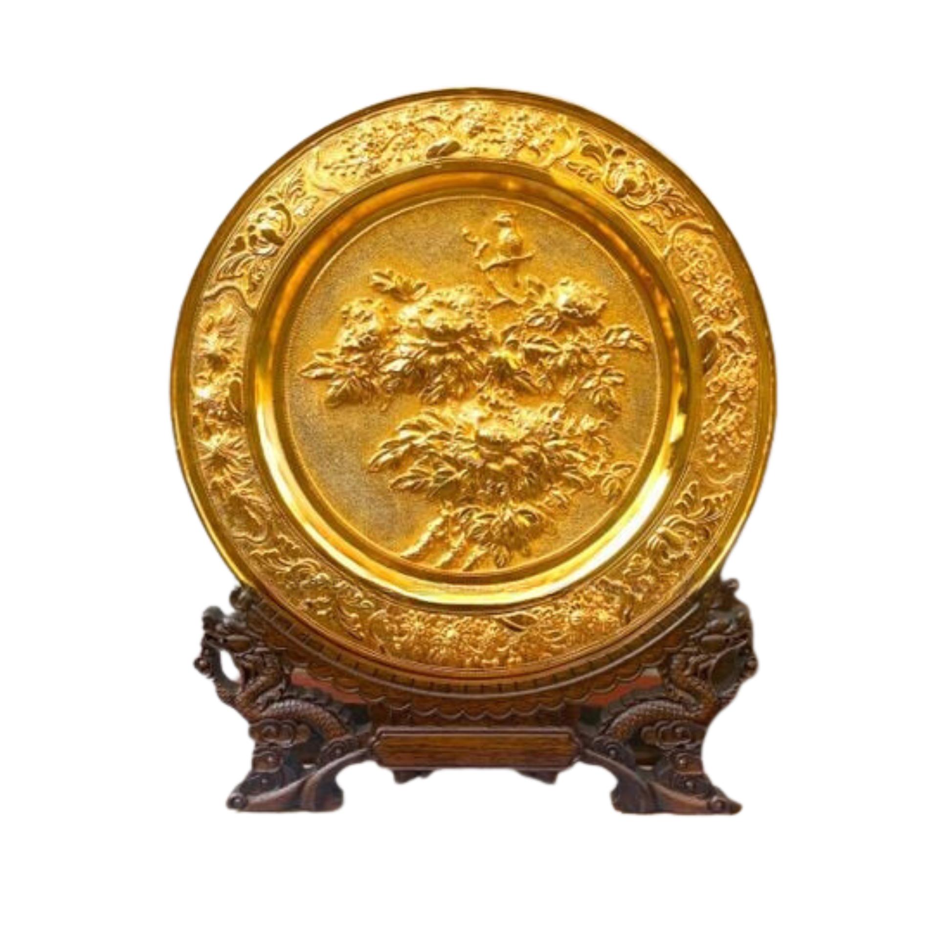 Tranh Đĩa Đồng Hoa Mẫu Đơn , Mạ Vàng 24K ( Đường Kính 35cm ) - Cửu Diệu Thiên - HV004