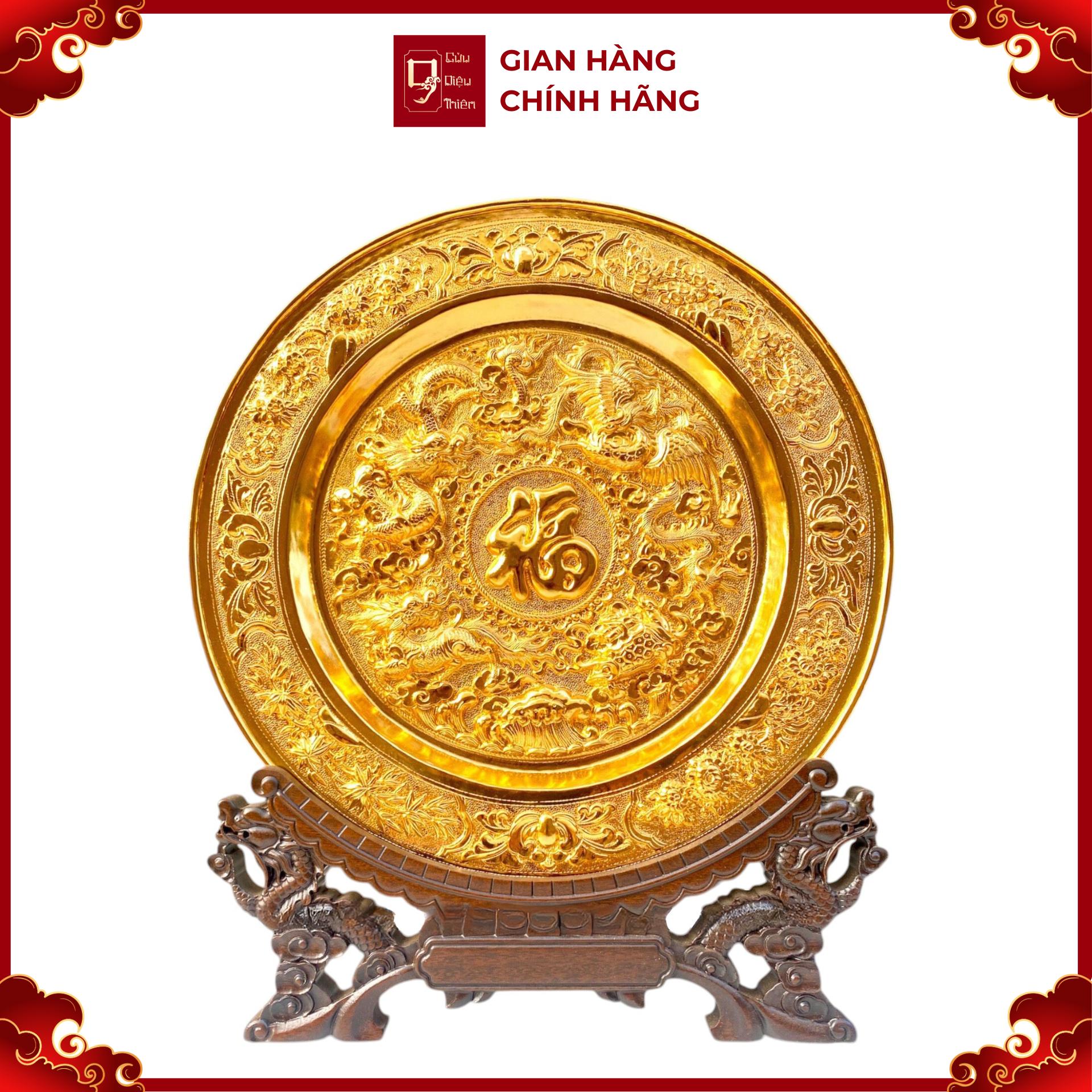 Tranh Đĩa Đồng Tứ Linh Chầu Phúc , Mạ Vàng 24K ( Đường Kính 35cm ) - Cửu Diệu Thiên - HV005
