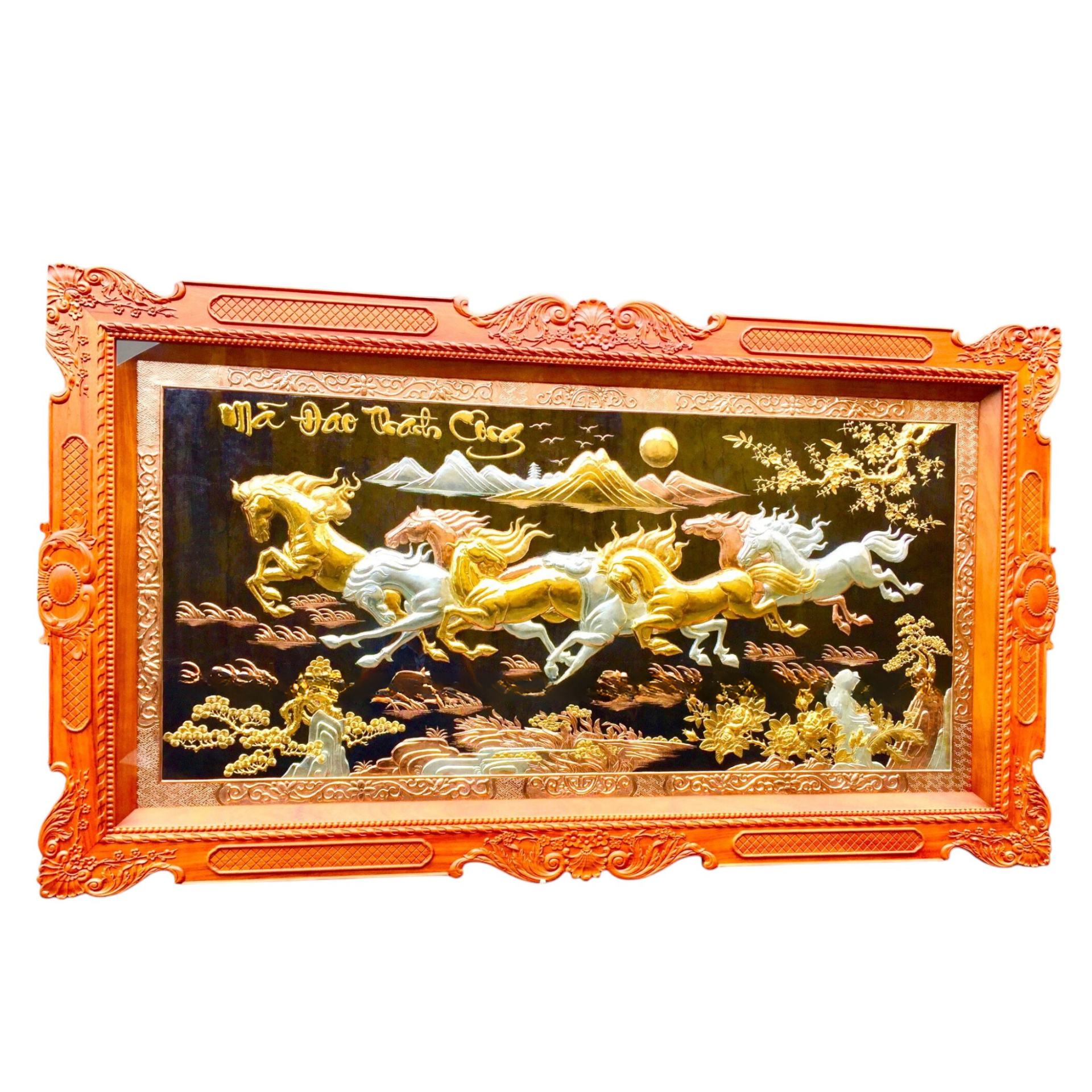 Tranh Đồng Mã Đáo Thành Công , Mạ Tam Khí Vàng Bạc , Khung Gỗ Gõ Đỏ ( 127x231cm ) - Cửu Diệu Thiên - MD0019