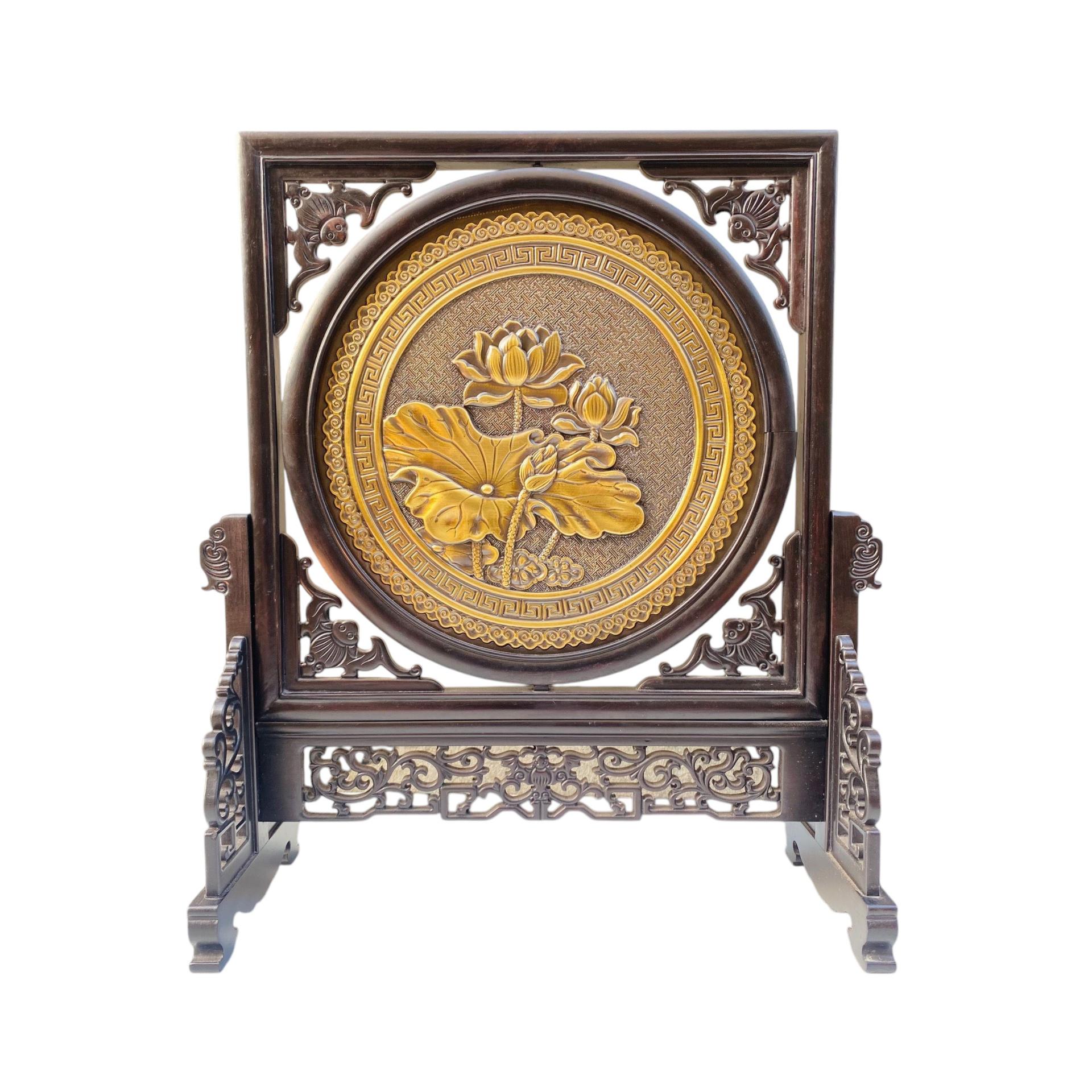 Tranh Đĩa Đồng Hoa Sen 2 Mặt, Giả Cổ (40x35cm) - Cửu Diệu Thiên - SD002