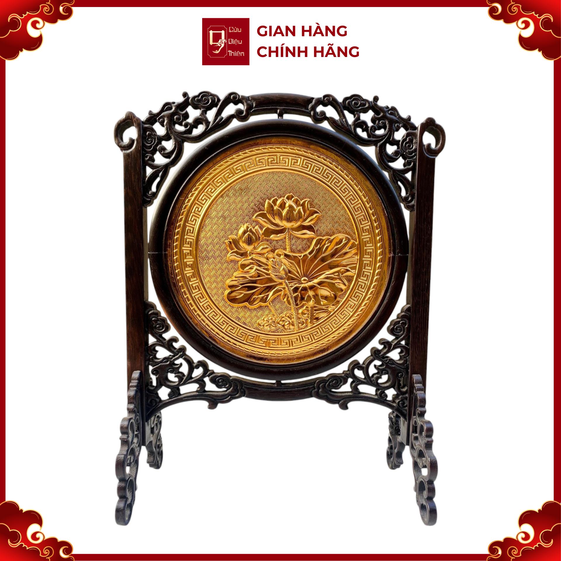 Tranh Đĩa Đồng Hoa Sen 2 Mặt , Mạ Vàng 24K ( 35x27cm ) - Cửu Diệu Thiên - SD003