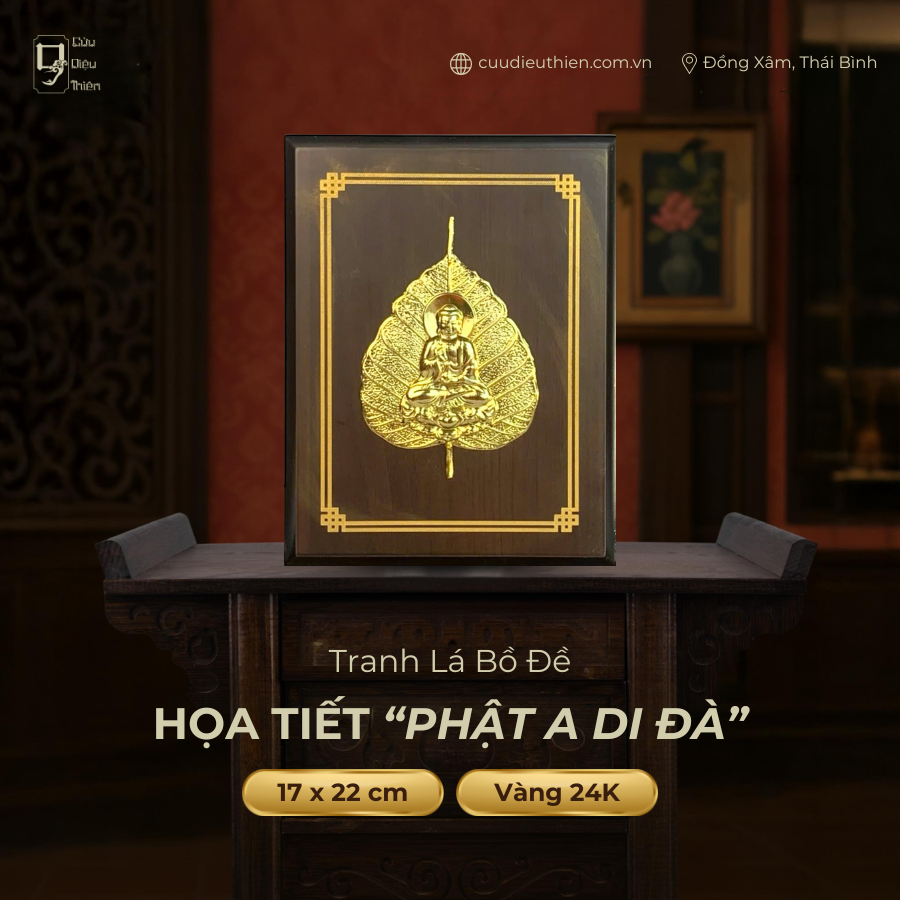 Tranh Lá Bồ Đề Chữ Phật A Di Đà ( 17x22cm ) - Đồ Đồng Cao Cấp - Cửu Diệu Thiên