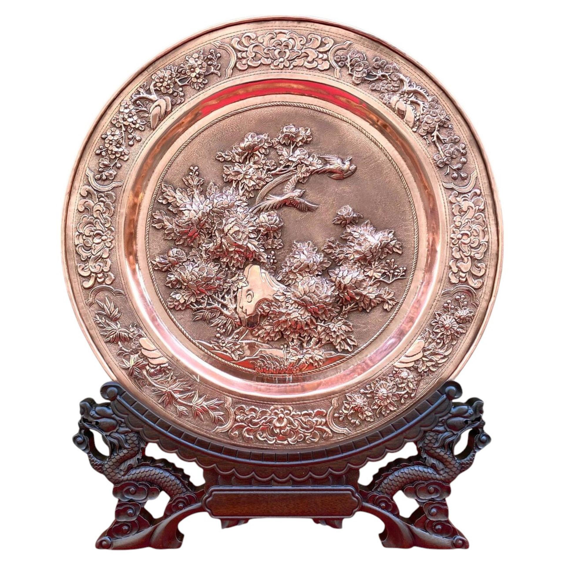 Tranh Đĩa Đồng Hoa Mẫu Đơn ( 35x41cm ) - Cửu Diệu Thiên - TD015