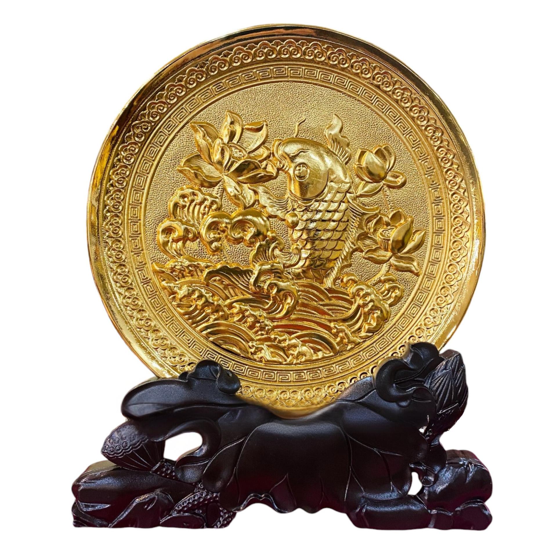 Tranh Đồng Đĩa Cá Chép Hoa Sen , Mạ Vàng 24K ( Đường Kính 19cm ) - Cửu Diệu Thiên - CH004