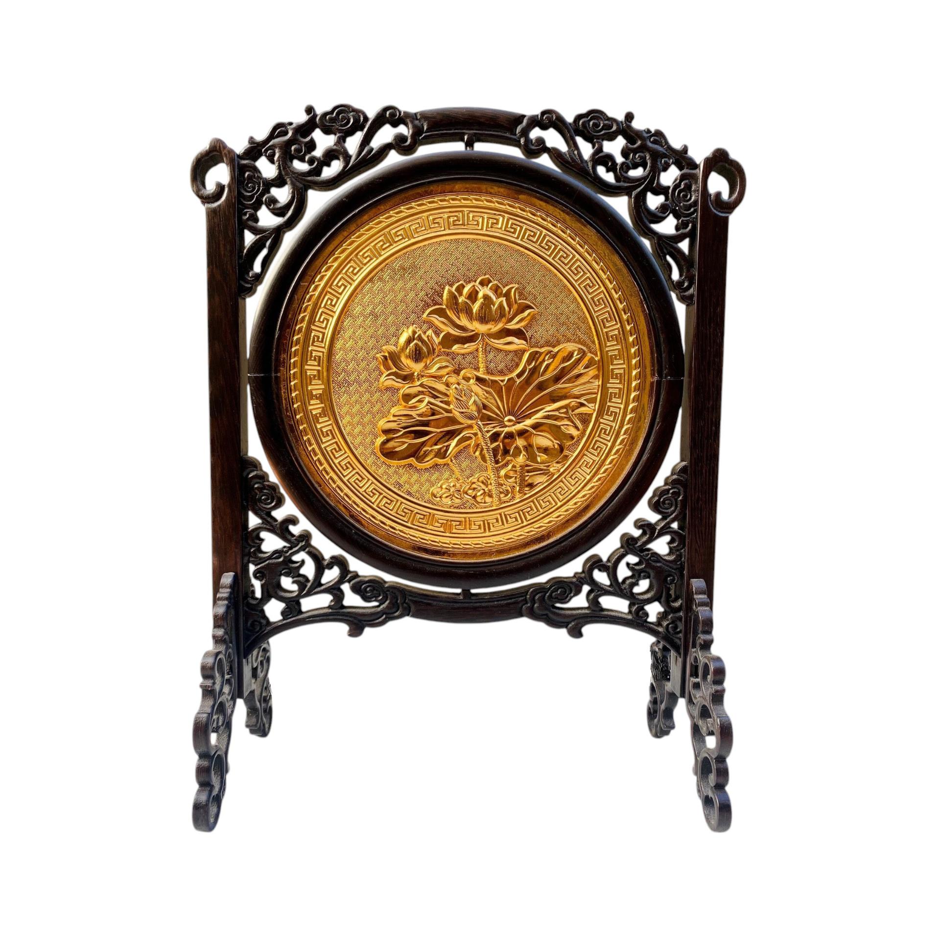 Tranh Đĩa Đồng Hoa Sen 2 Mặt , Mạ Vàng 24K ( 35x27cm ) - Cửu Diệu Thiên - SD003