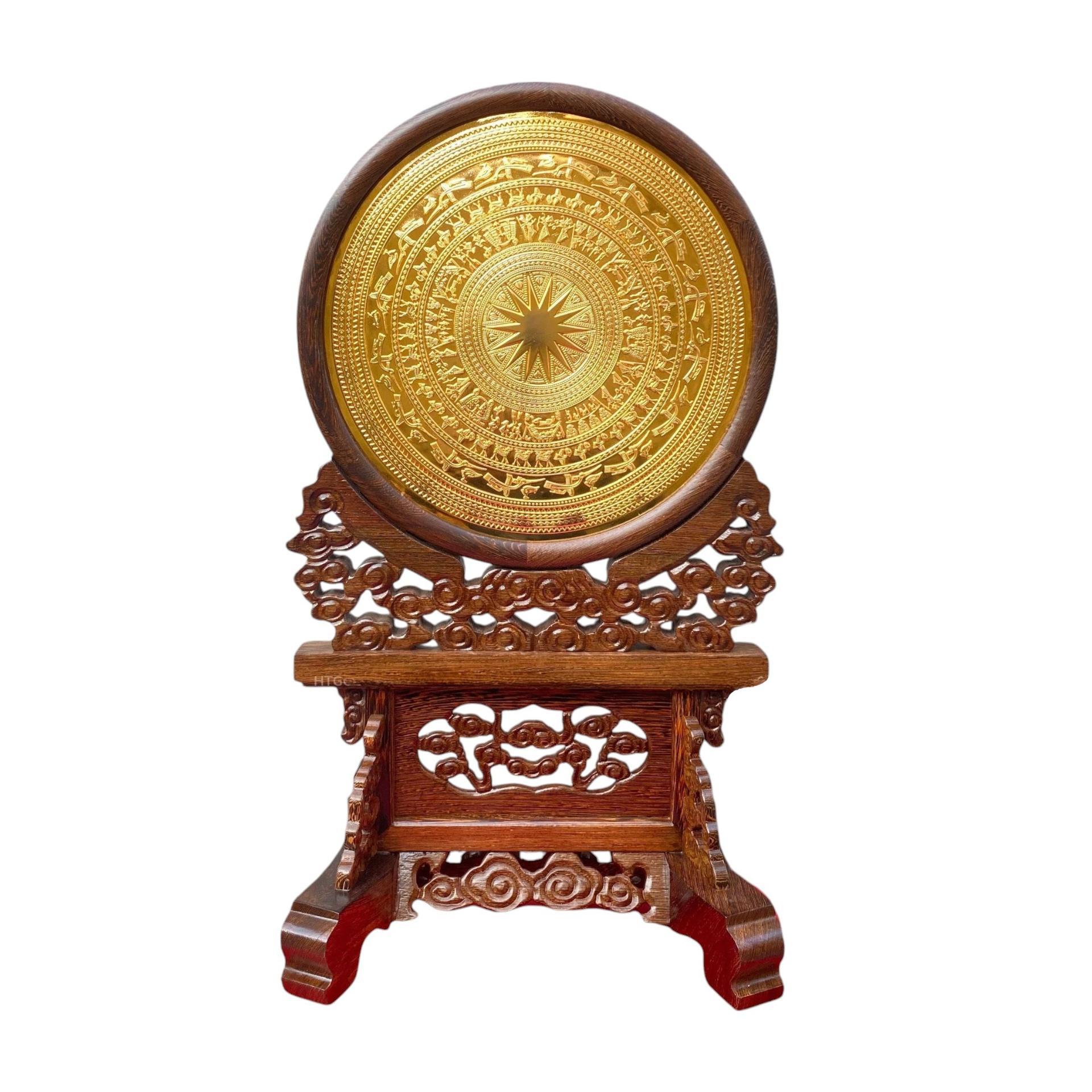 Tranh Đĩa Mặt Trống Đồng , Mạ Vàng 24K - Giá Đỡ Gỗ Cẩm ( Đường Kính 35cm , Cao 56cm ) - Cửu Diệu Thiên - DT009